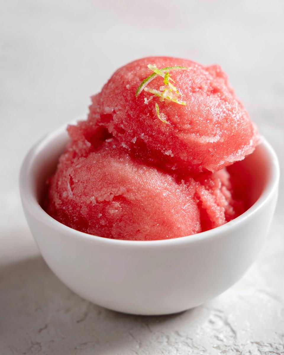 Two scoops of vibrant pink watermelon sorbet in a white bowl, garnished with lime zest.