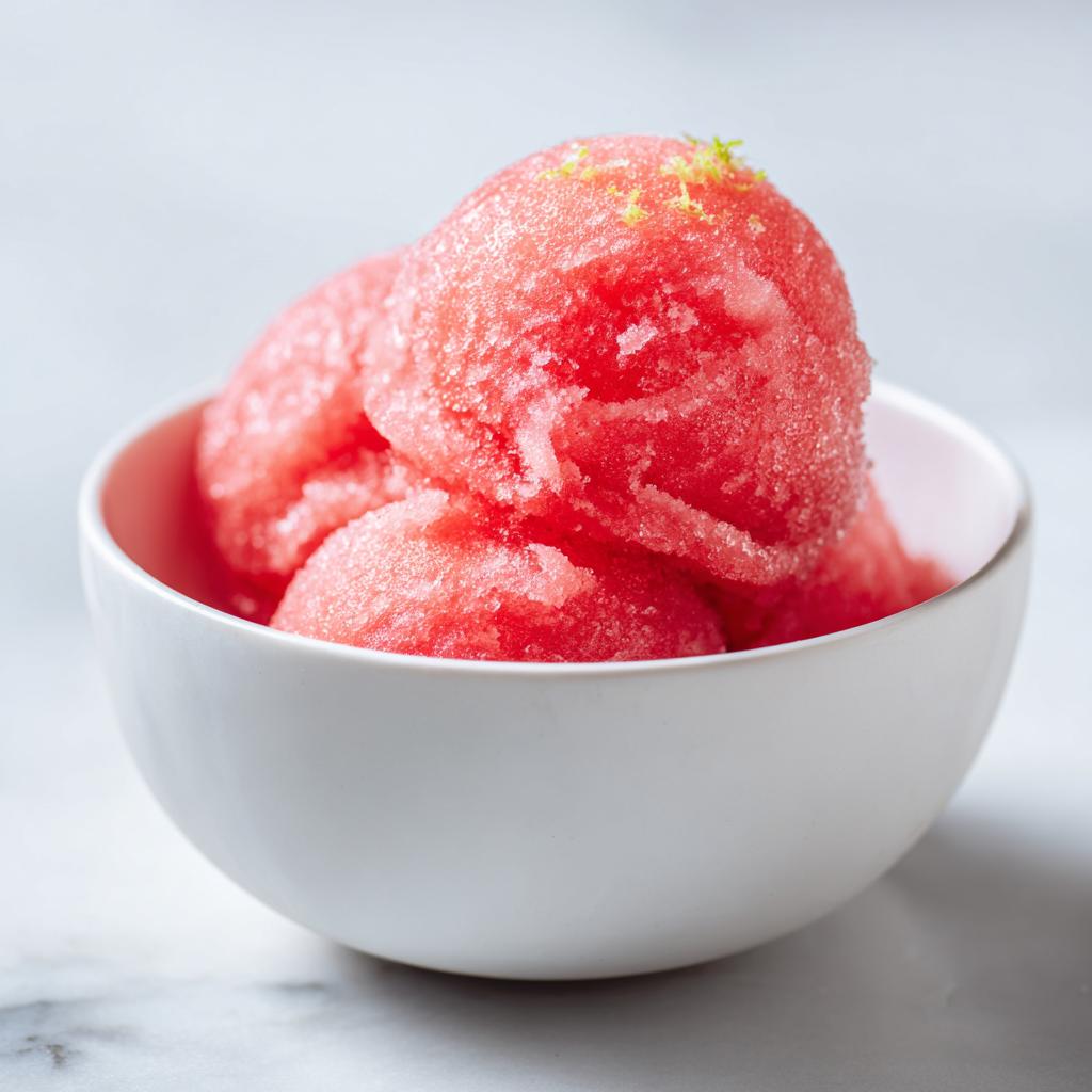 A white bowl filled with scoops of vibrant pink watermelon sorbet, garnished with lime zest.