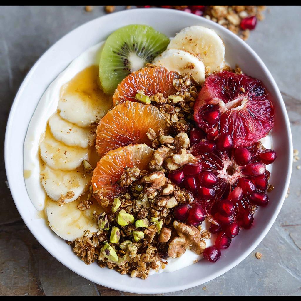 A vibrant and colorful Easy Yogurt Granola Bowl topped with sliced bananas, oranges, kiwi, pomegranate seeds, walnuts, and pistachios.