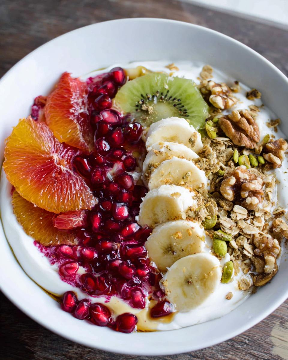 Close-up of an Easy Yogurt Granola Bowl topped with blood orange slices, pomegranate seeds, kiwi, banana slices, and nuts.