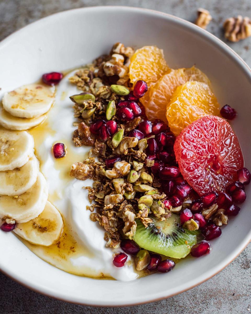 A vibrant Easy Yogurt Granola Bowl topped with banana slices, pomegranate seeds, orange segments, kiwi, and walnuts.