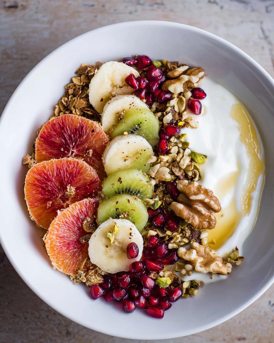 A vibrant and healthy Easy Yogurt Granola Bowl topped with sliced banana, kiwi, blood orange, pomegranate seeds, walnuts, and pistachios.