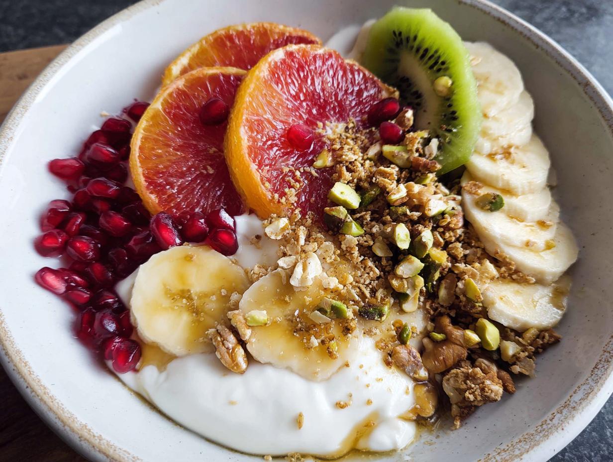 A vibrant and healthy Easy Yogurt Granola Bowl topped with fresh fruit, granola, and a drizzle of honey.