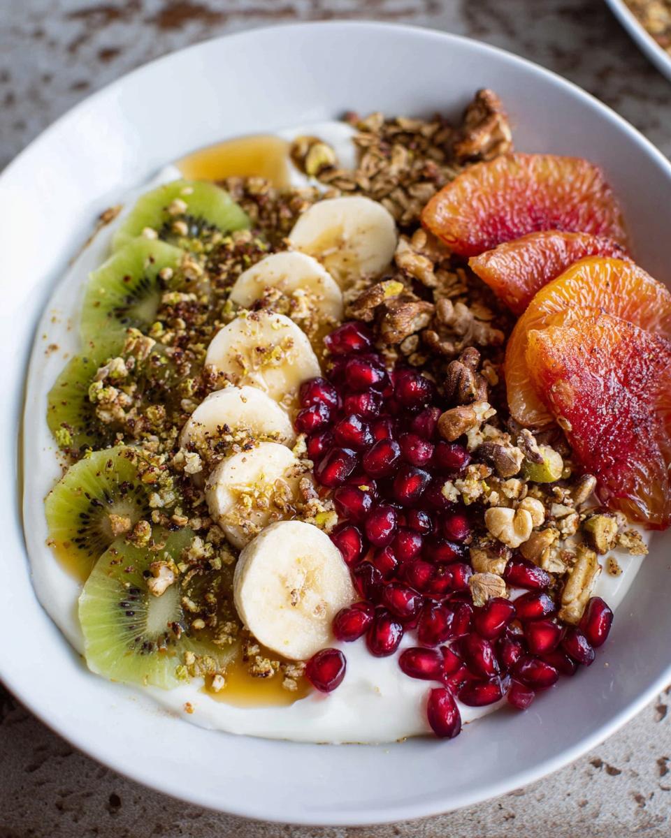 A vibrant and healthy Easy Yogurt Granola Bowl topped with kiwi, banana, pomegranate, blood orange, and granola.