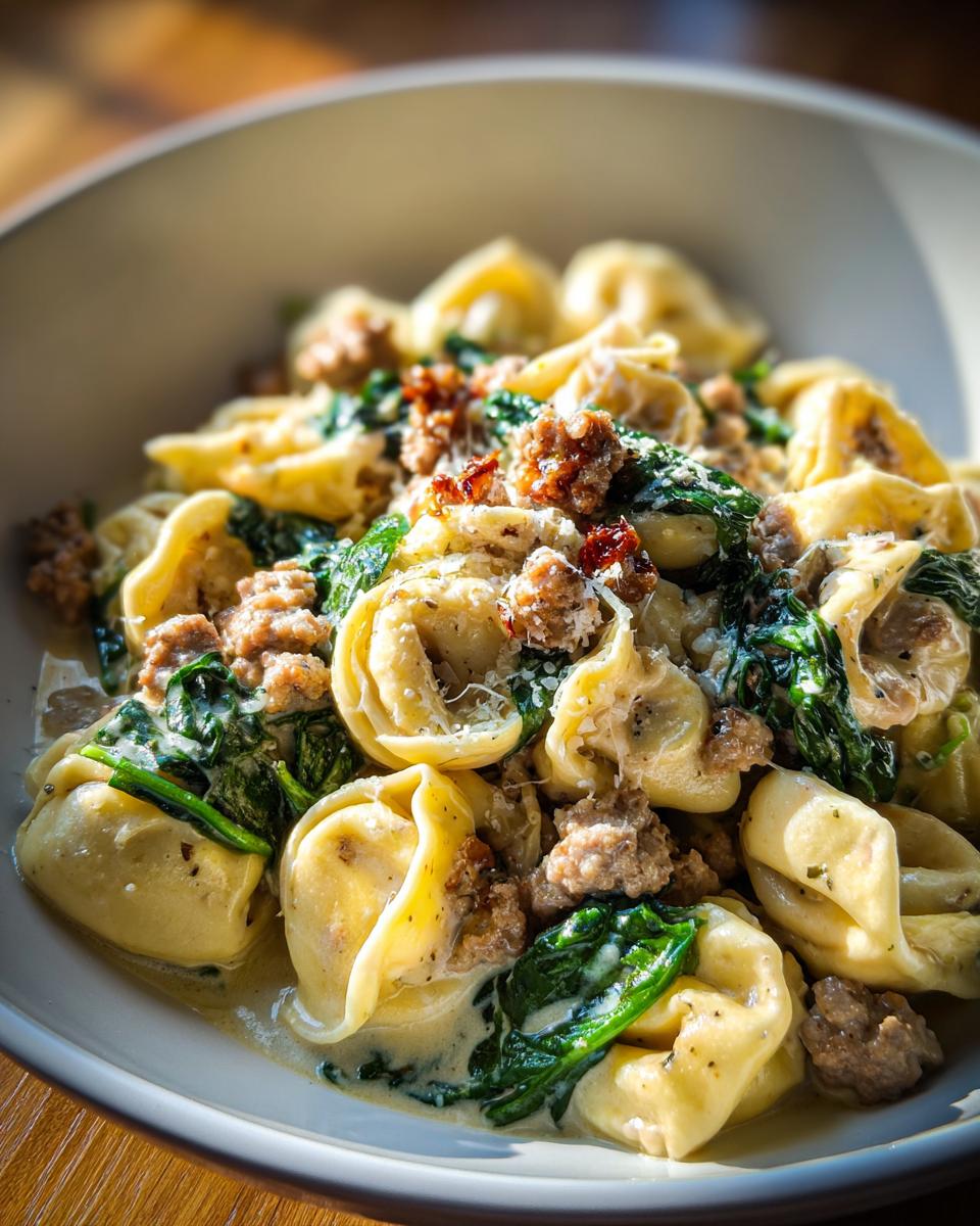 Close-up of a bowl of fancy sausage spinach tortellini in a creamy sauce, garnished with Parmesan cheese.