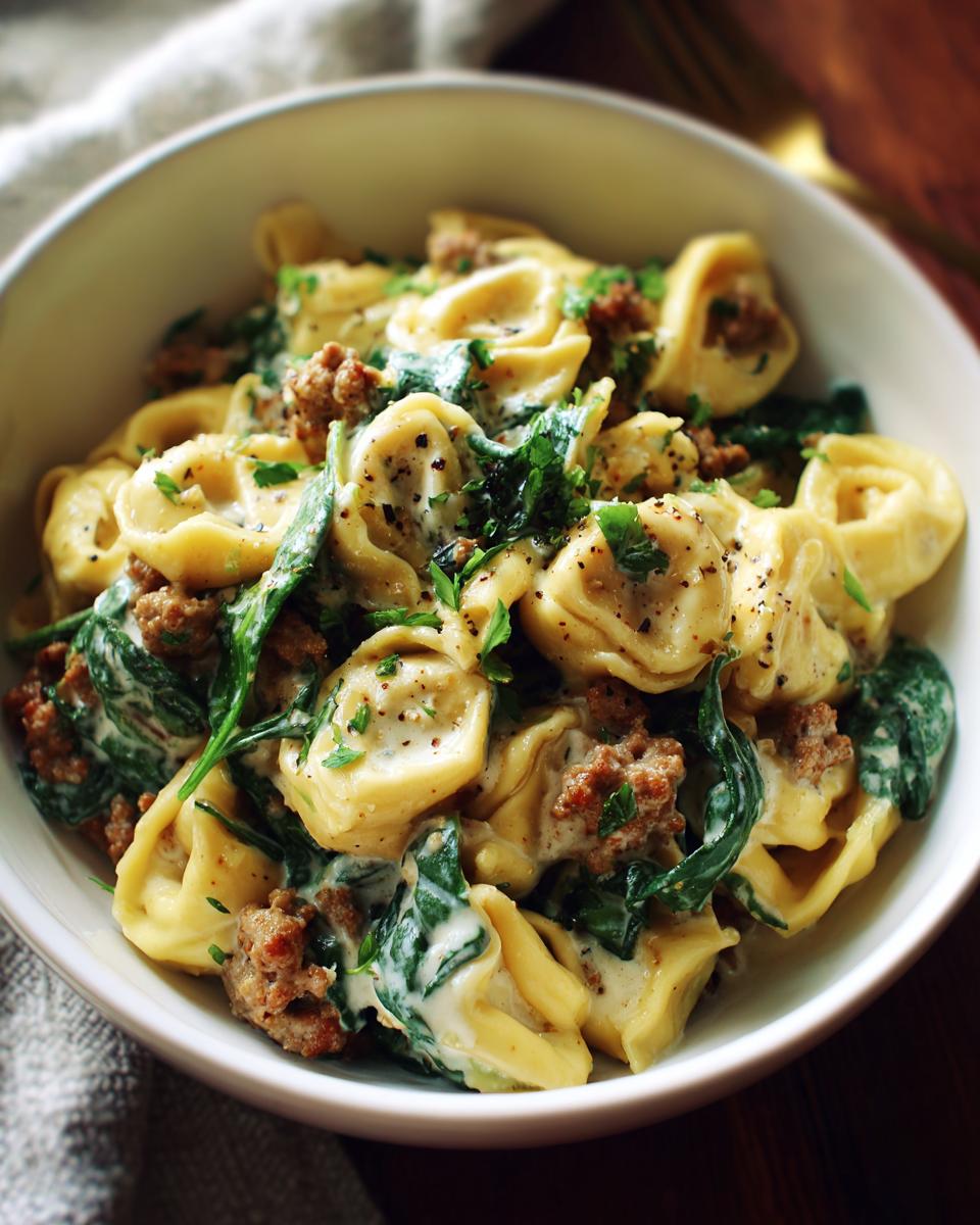 A close-up of a bowl filled with sausage spinach tortellini in a creamy sauce, garnished with fresh parsley and black pepper.