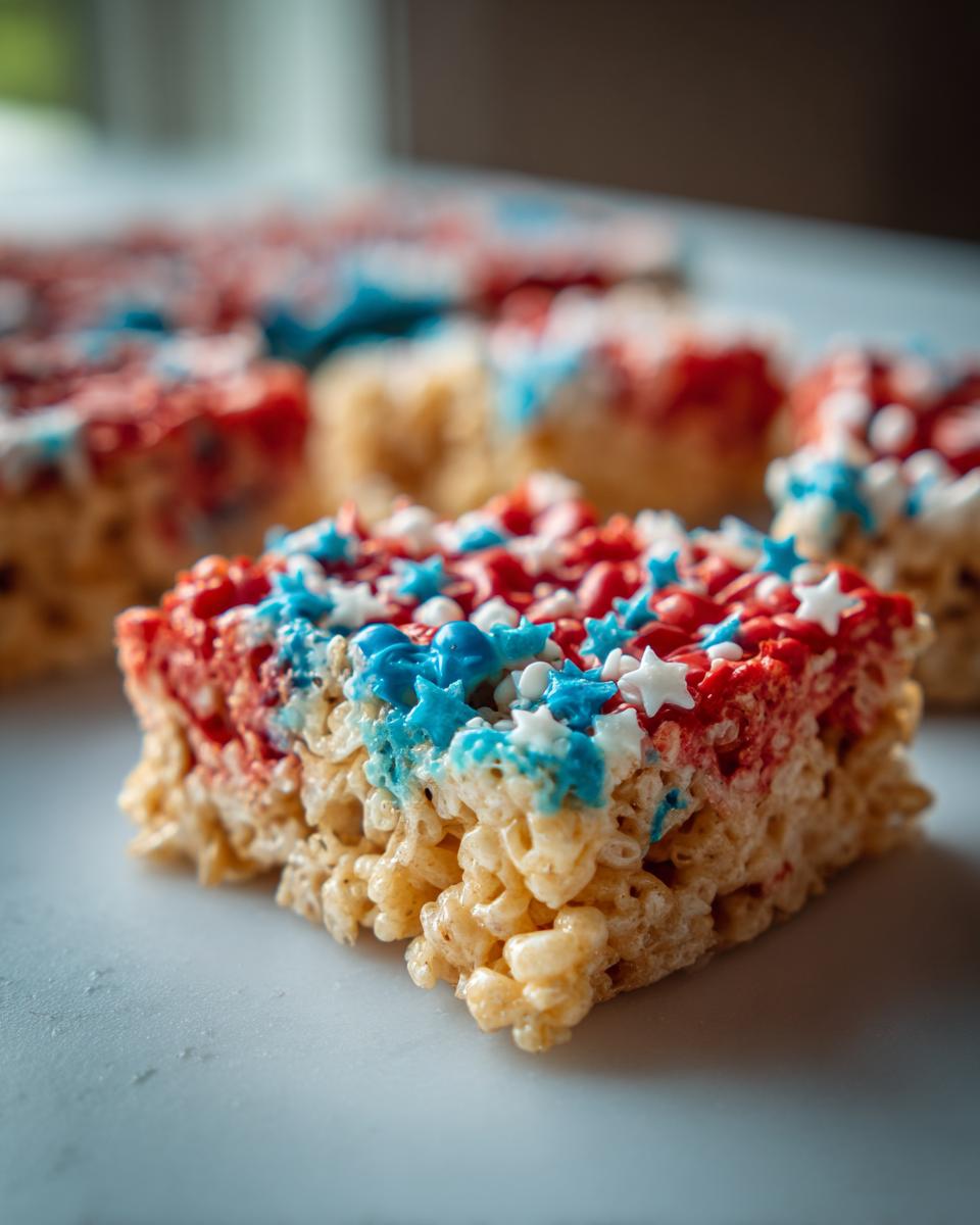 Close-up of a Firecracker Rice Krispie Treat topped with red and blue frosting and star sprinkles.