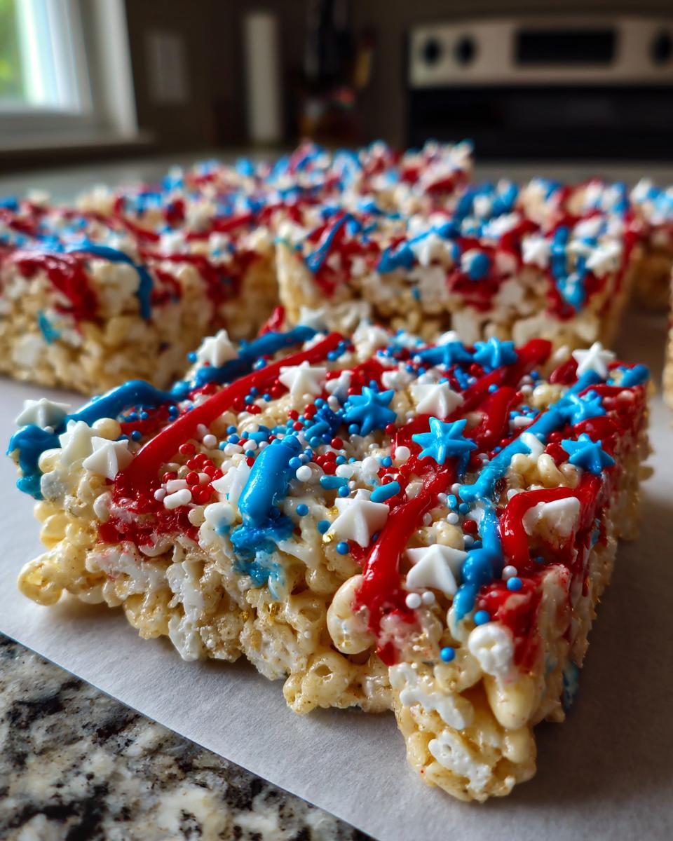 Close-up of Firecracker Rice Krispie Treats decorated with red, white, and blue icing and star sprinkles.
