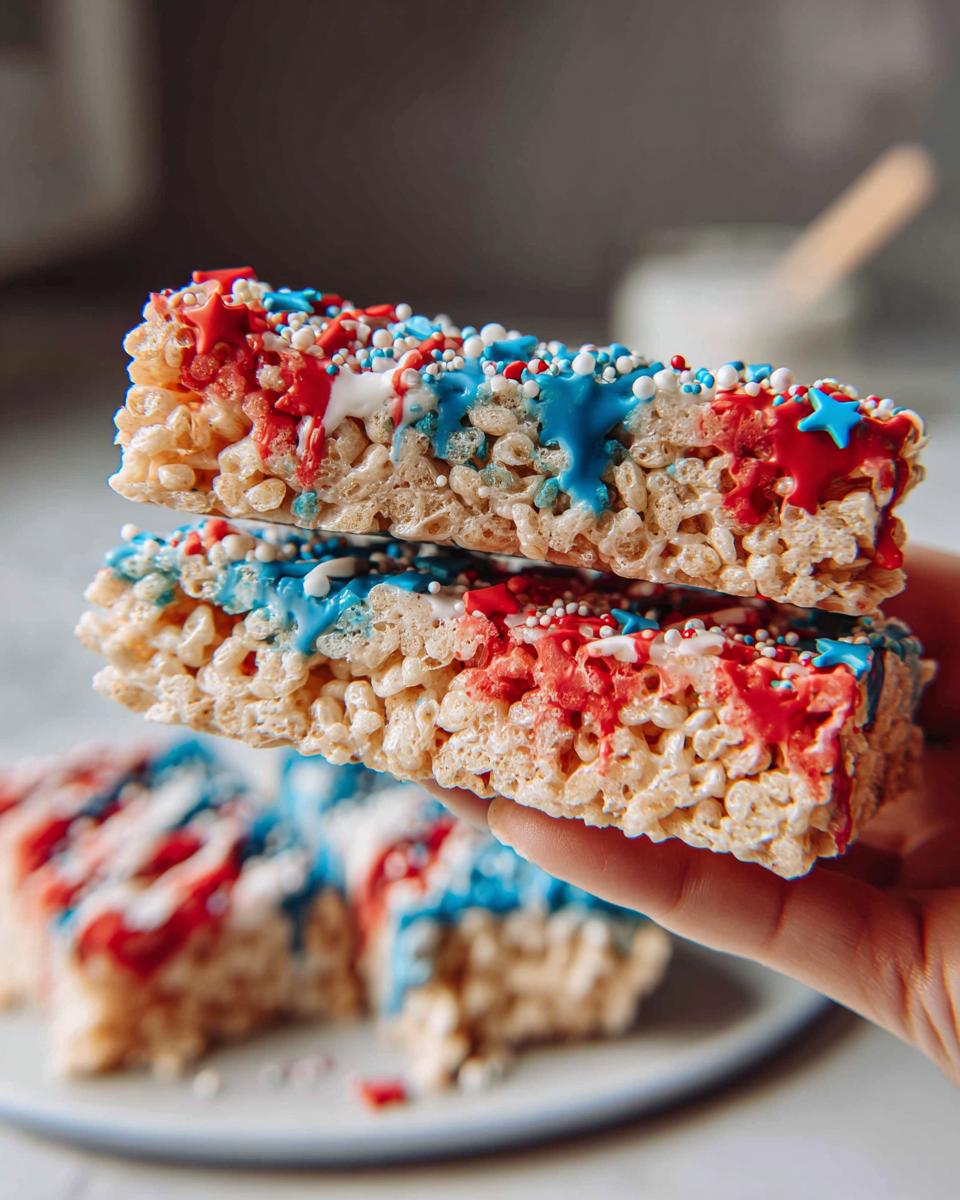 Close-up of two stacked Firecracker Rice Krispie Treats decorated with red, white, and blue icing and sprinkles.