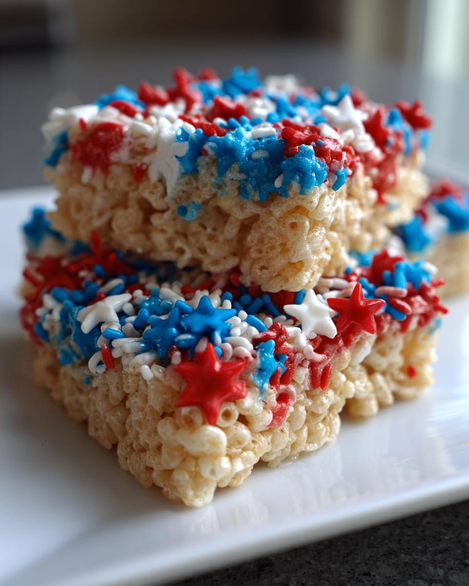 Close-up of stacked Firecracker Rice Krispie Treats decorated with red, white, and blue star sprinkles.