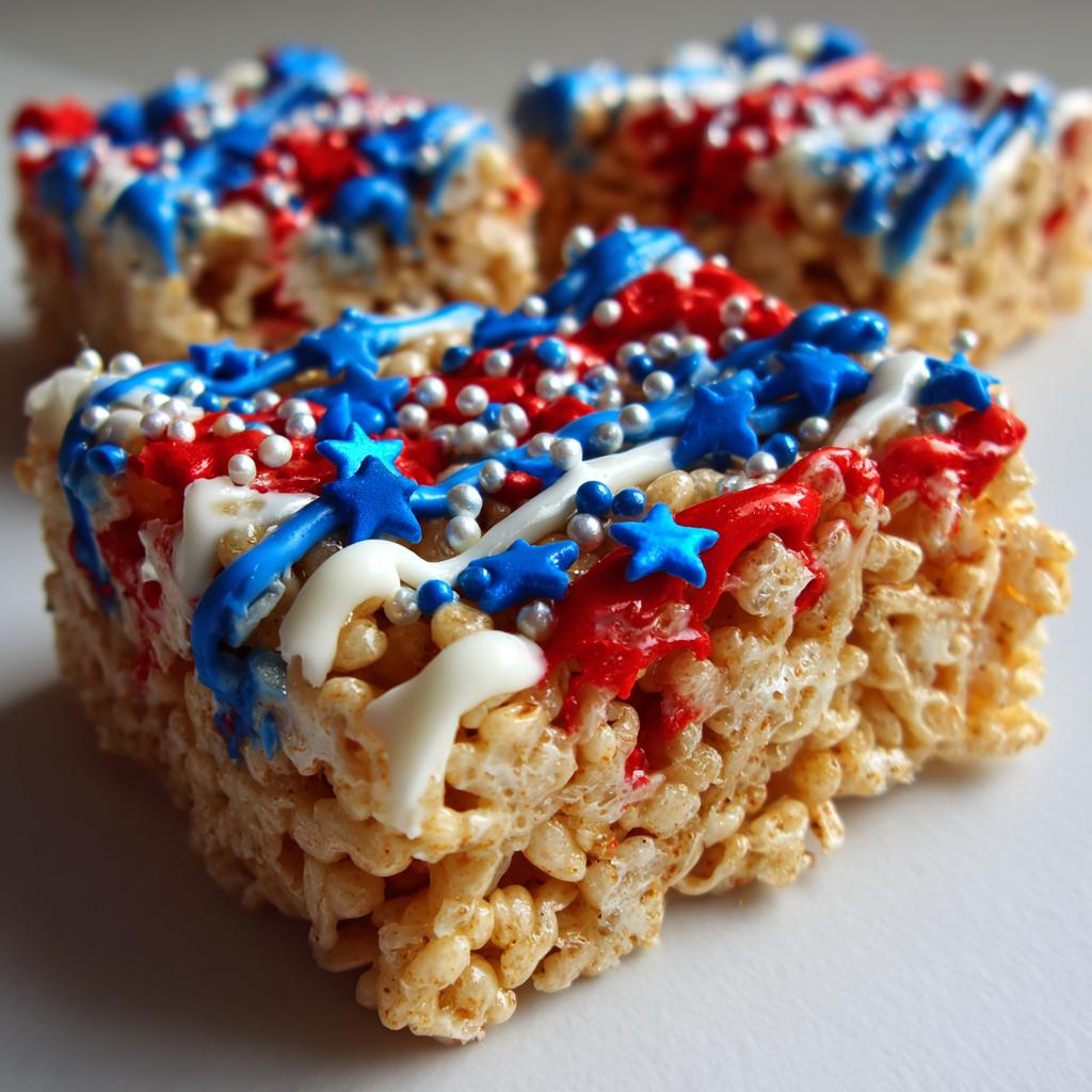 Close-up of a festive Firecracker Rice Krispie Treat decorated with red, white, and blue icing and star sprinkles.