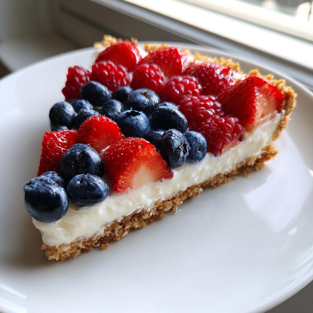 A slice of Fourth of July Flag Fruit Pizza on a cookie crust, topped with cream cheese filling and fresh strawberries, blueberries, and raspberries.