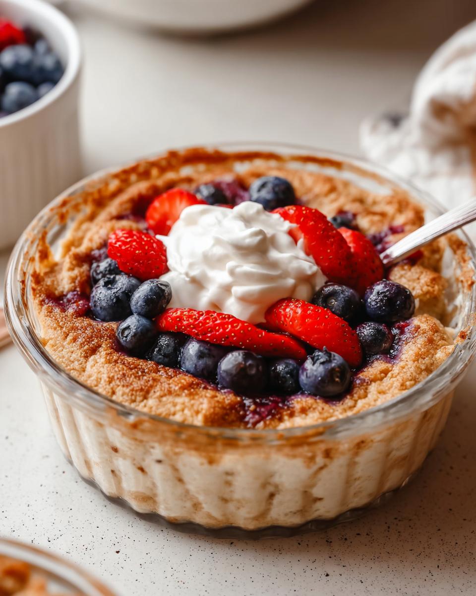 A fluffy baked protein bowl topped with fresh strawberries, blueberries, and whipped cream.