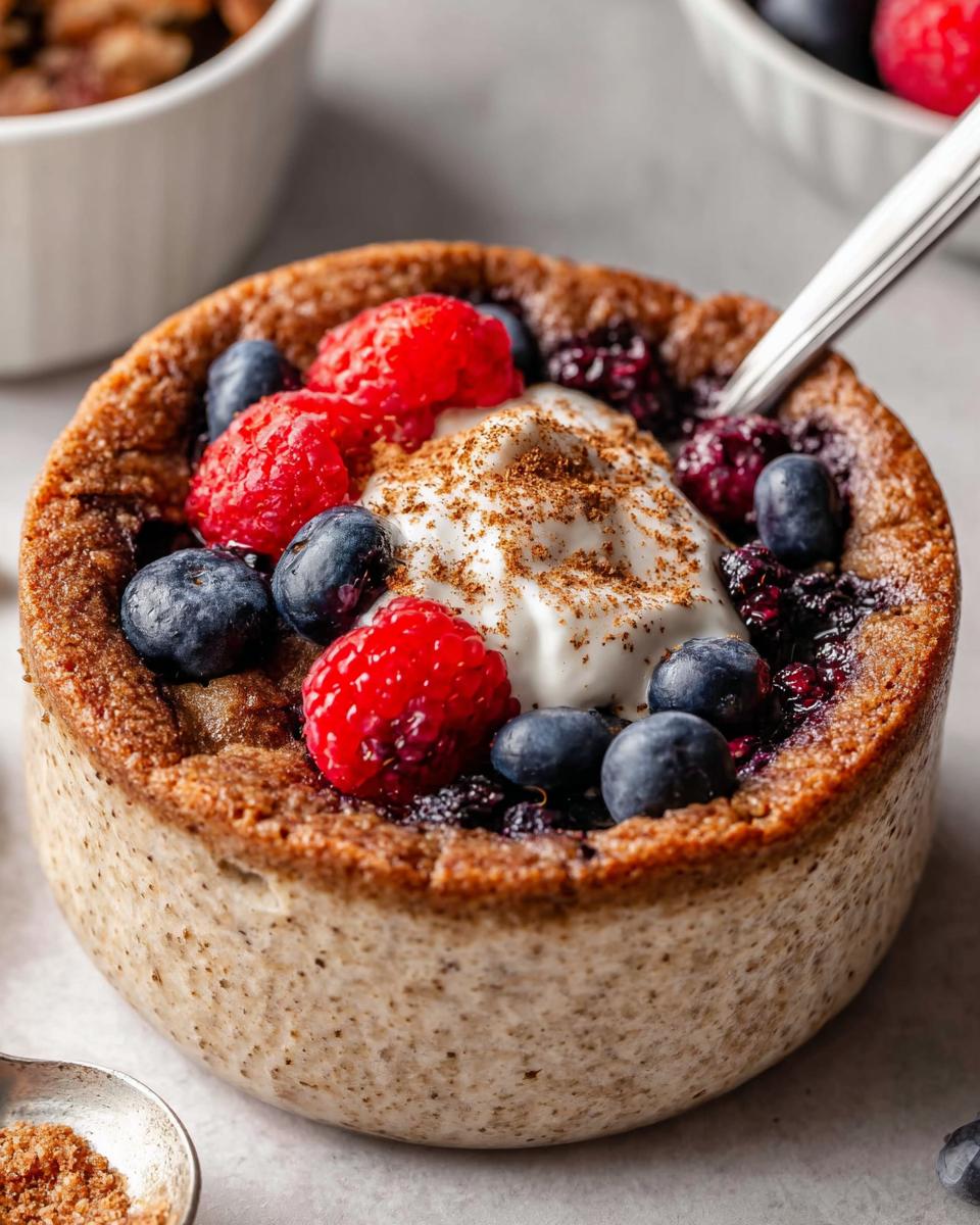 A fluffy baked protein bowl topped with yogurt, cinnamon, blueberries, and raspberries.