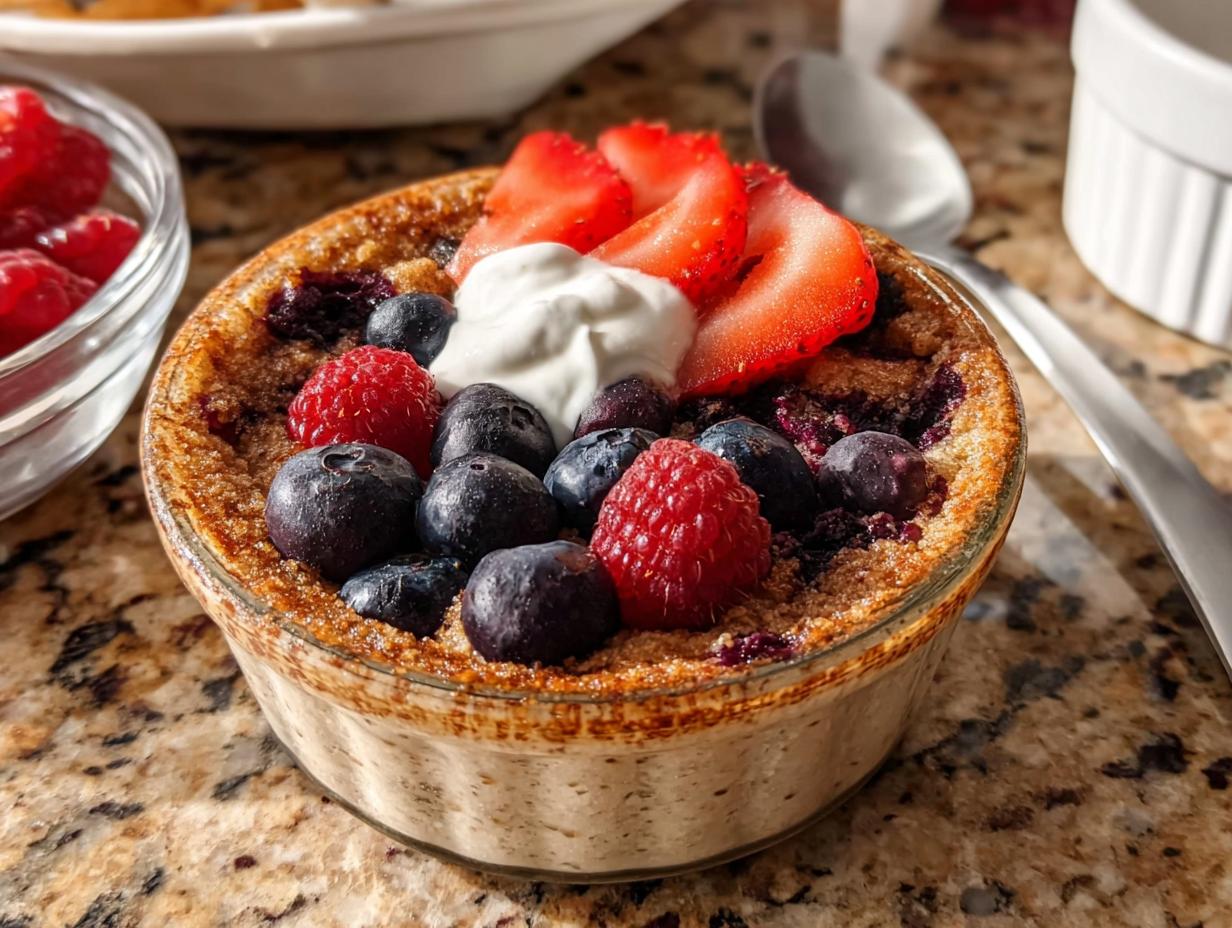 A fluffy baked protein bowl topped with fresh strawberries, blueberries, raspberries, and a dollop of cream.