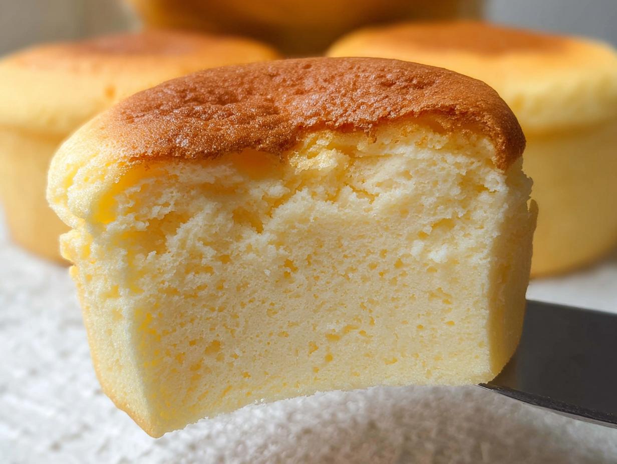 A close-up view of a Fluffy Japanese Cotton Cheesecake Cupcake, showing its airy and delicate interior.