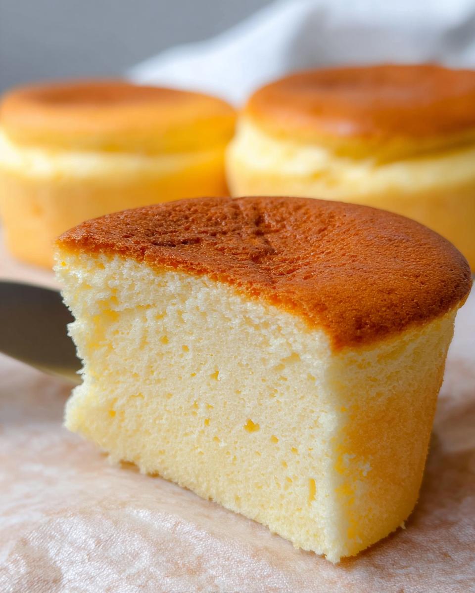 A slice of Fluffy Japanese Cotton Cheesecake Cupcakes showing its airy texture and golden-brown top.