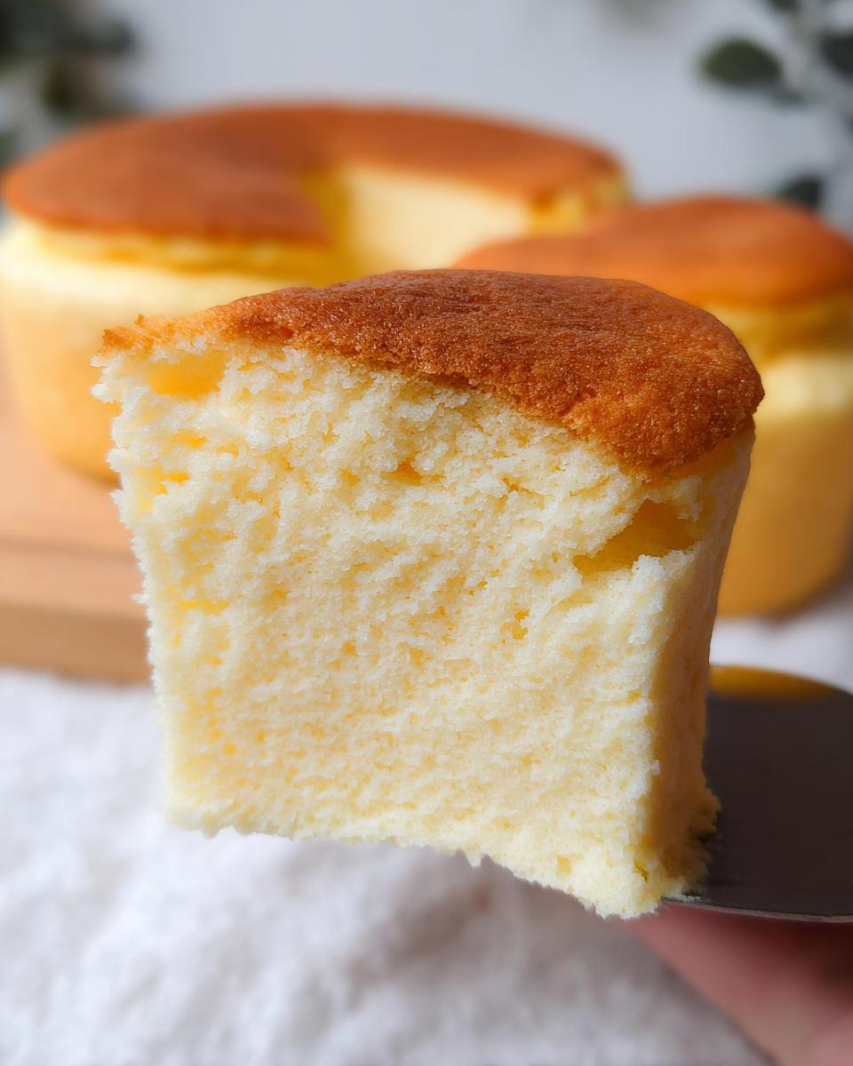 A slice of fluffy Japanese Cotton Cheesecake Cupcakes, showcasing its airy texture and golden-brown top.