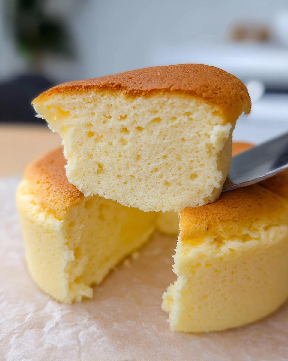 A slice of fluffy Japanese Cotton Cheesecake Cupcakes being lifted by a spatula, revealing its airy texture.