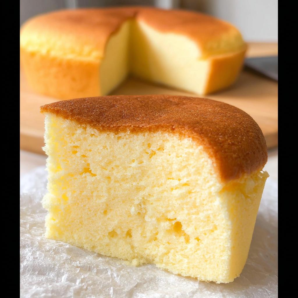 A close-up of a slice of Fluffy Japanese Cotton Cheesecake Cupcakes, showcasing its airy texture and golden-brown top.