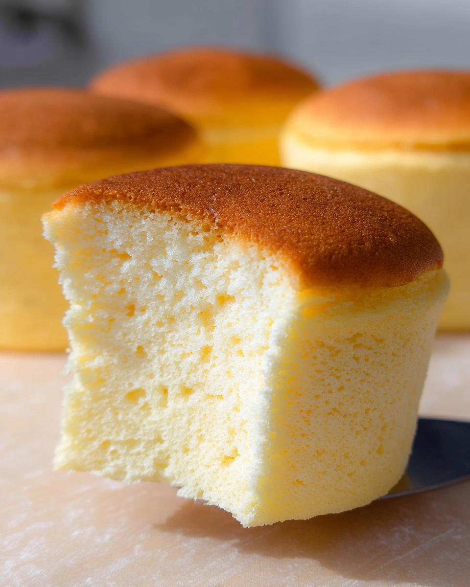 A close-up of a fluffy Japanese Cotton Cheesecake Cupcake, showing its airy texture and golden-brown top.
