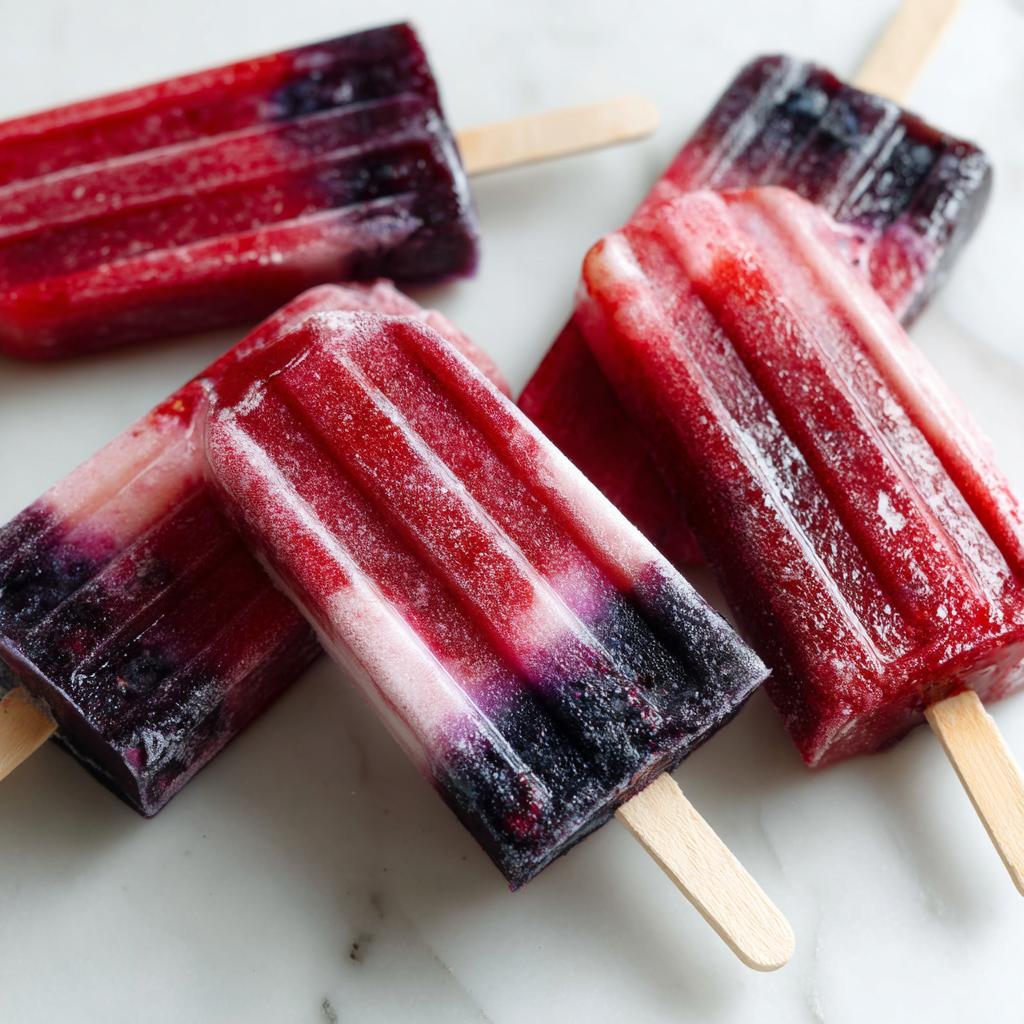 Close-up of vibrant red and purple berry popsicles, perfect for Fourth of July desserts.