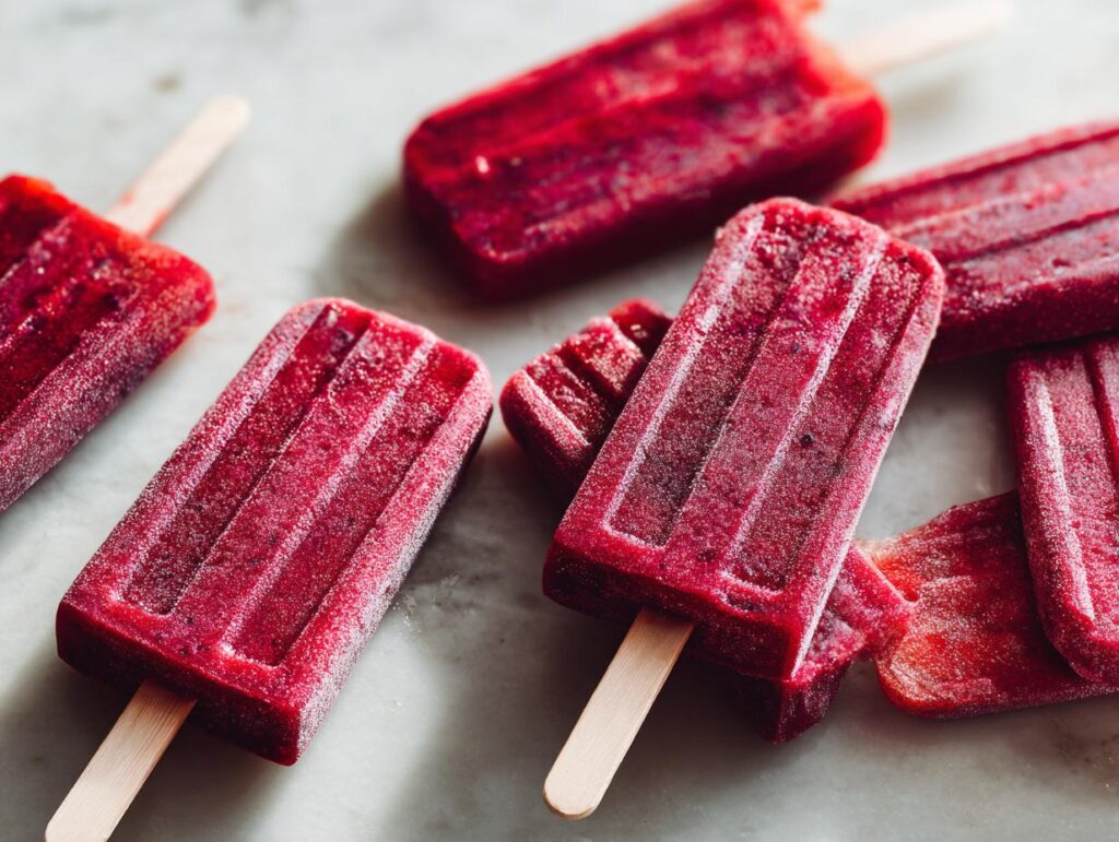 Several bright red berry popsicles arranged on a marble surface, perfect for Fourth of July desserts.