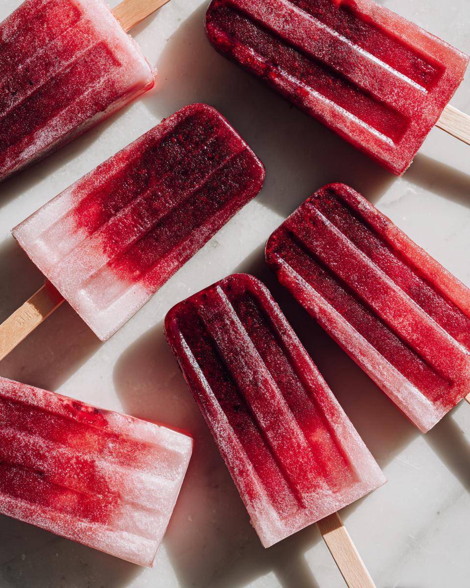A close-up overhead shot of several bright red and pink berry popsicles on a white marble surface, perfect for Fourth of July desserts.
