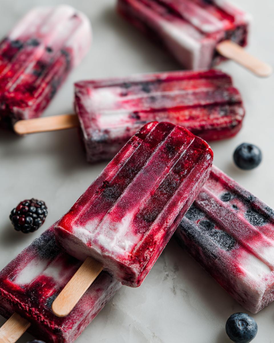 Close-up of Fourth of July berry popsicles with blueberries and blackberries, showcasing vibrant red and white layers.