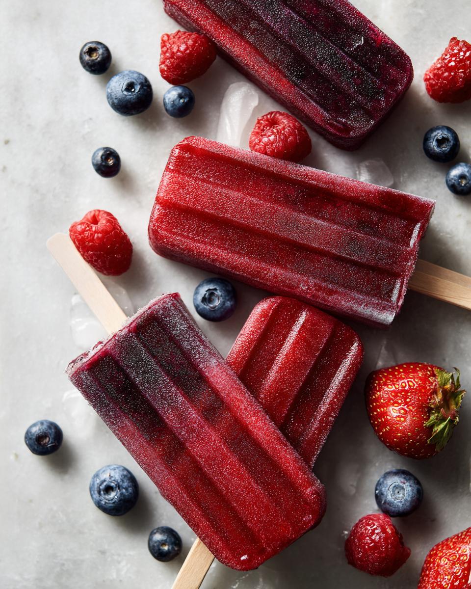 Close-up of vibrant berry popsicles with fresh blueberries, raspberries, and strawberries scattered around.