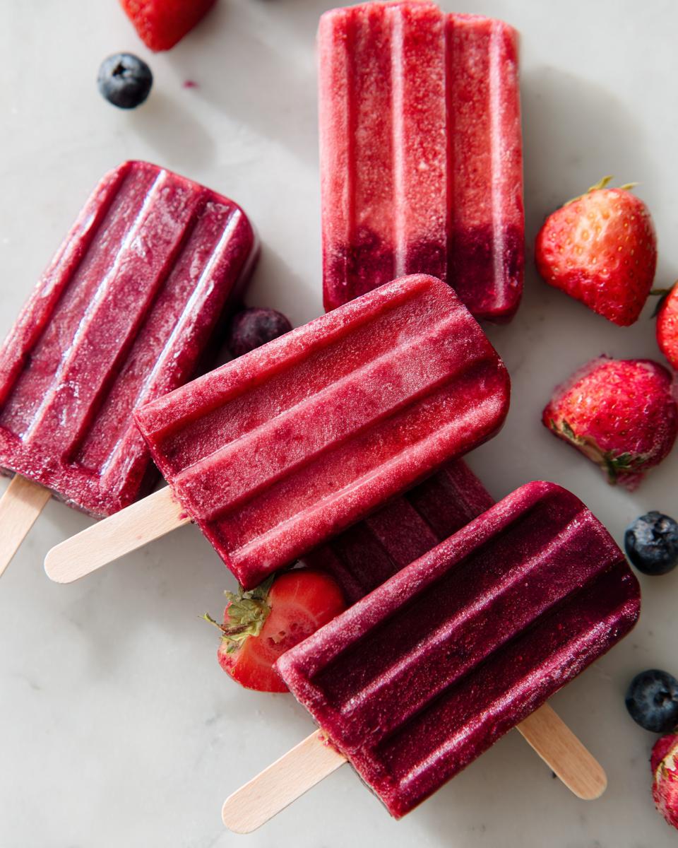 A cluster of vibrant red and purple berry popsicles, surrounded by fresh strawberries and blueberries, perfect for Fourth of July desserts.