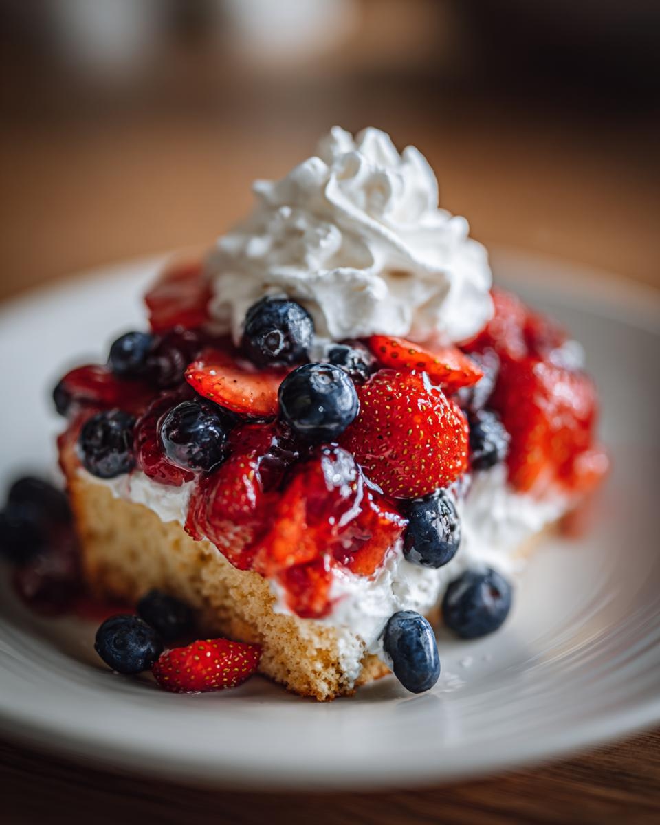 A slice of pound cake topped with whipped cream, strawberries, and blueberries, perfect for Fourth of July desserts.