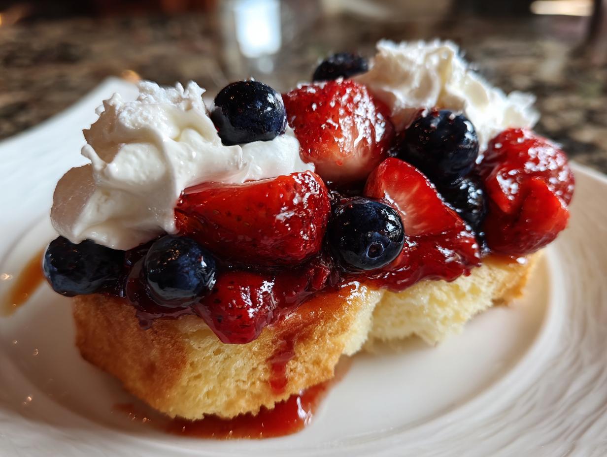 A slice of pound cake topped with fresh strawberries, blueberries, whipped cream, and berry sauce, perfect for Fourth of July desserts.