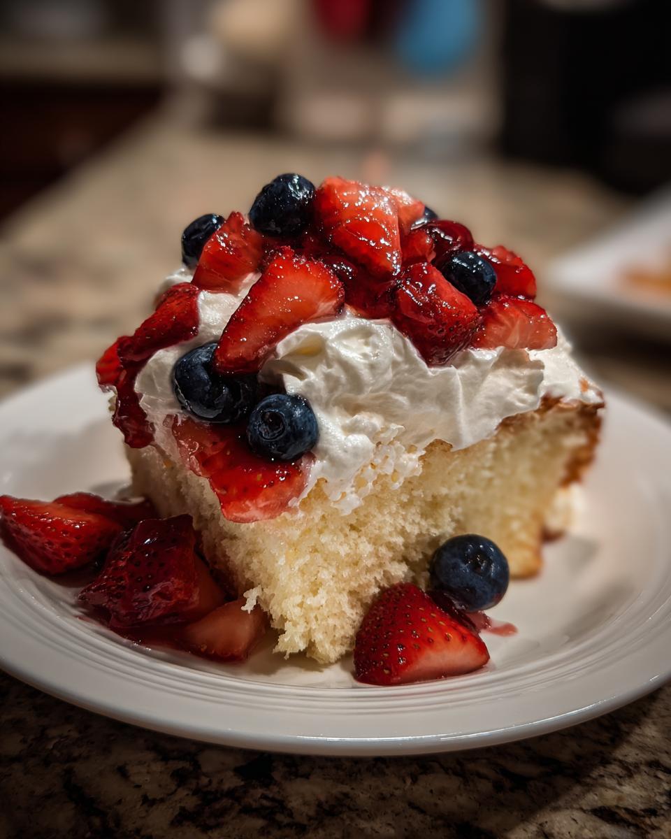 A slice of pound cake topped with whipped cream, strawberries, and blueberries, perfect for Fourth of July desserts.