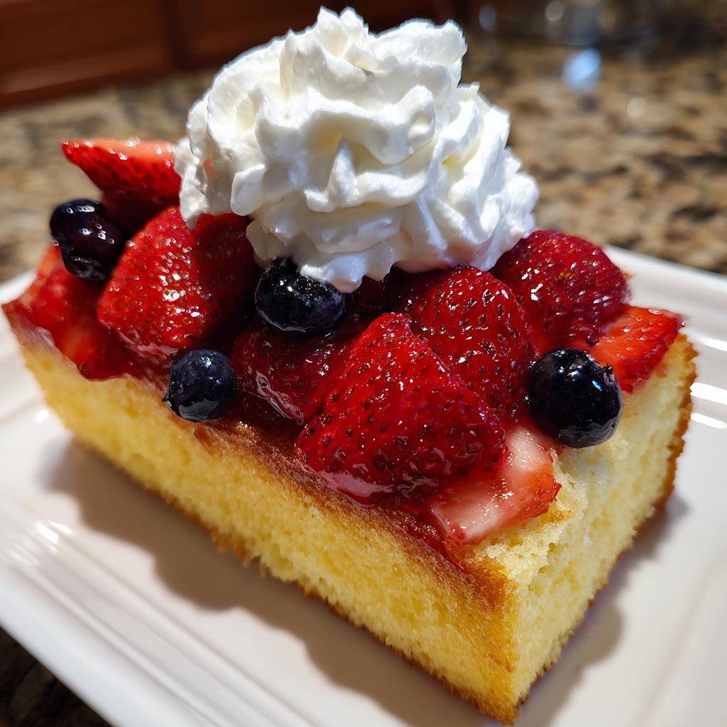 A slice of pound cake topped with fresh strawberries, blueberries, and whipped cream, perfect for Fourth of July desserts.