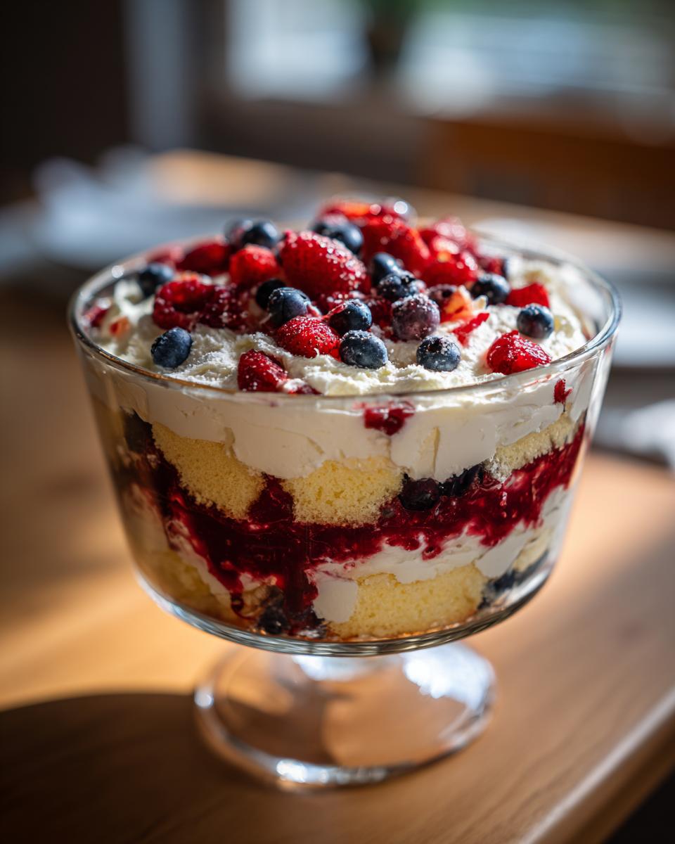 A beautiful Fourth of July dessert featuring a berry trifle with layers of cake, cream, and red and blue berries.