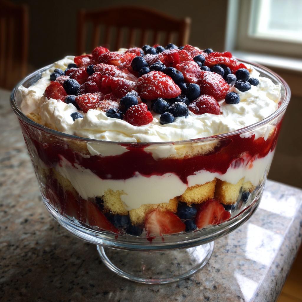 A beautiful Fourth of July dessert featuring a berry trifle with patriotic layers of cake, cream, and fresh berries.