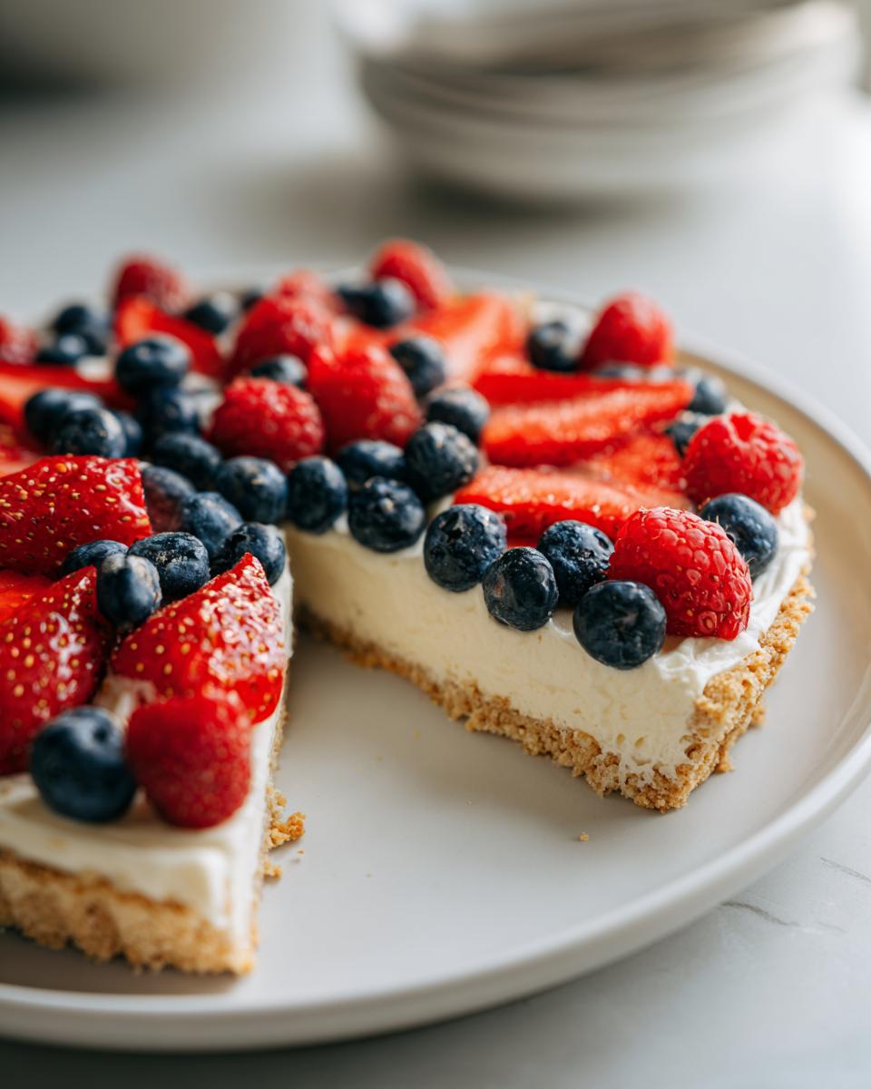 A slice of Fourth of July dessert, a flag fruit pizza on a cookie crust, topped with strawberries, blueberries, and raspberries.