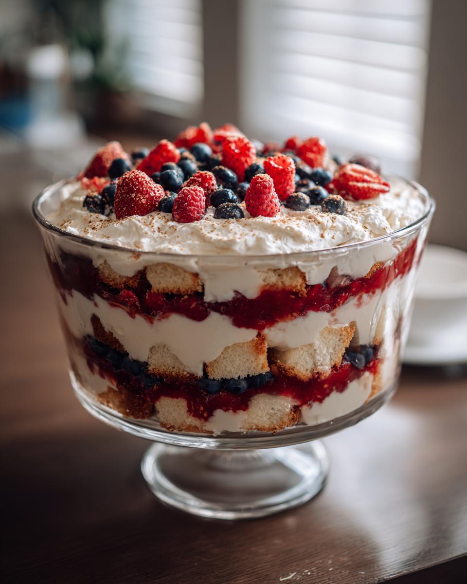 A beautiful Berry Trifle with patriotic layers of sponge cake, cream, and red and blue berries, perfect for Fourth of July Desserts.