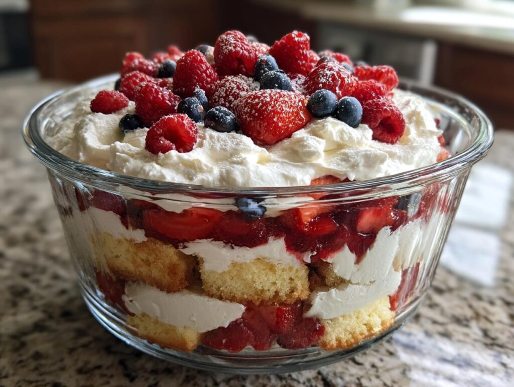 A beautiful Fourth of July dessert featuring a berry trifle with layers of cake, cream, strawberries, and blueberries.