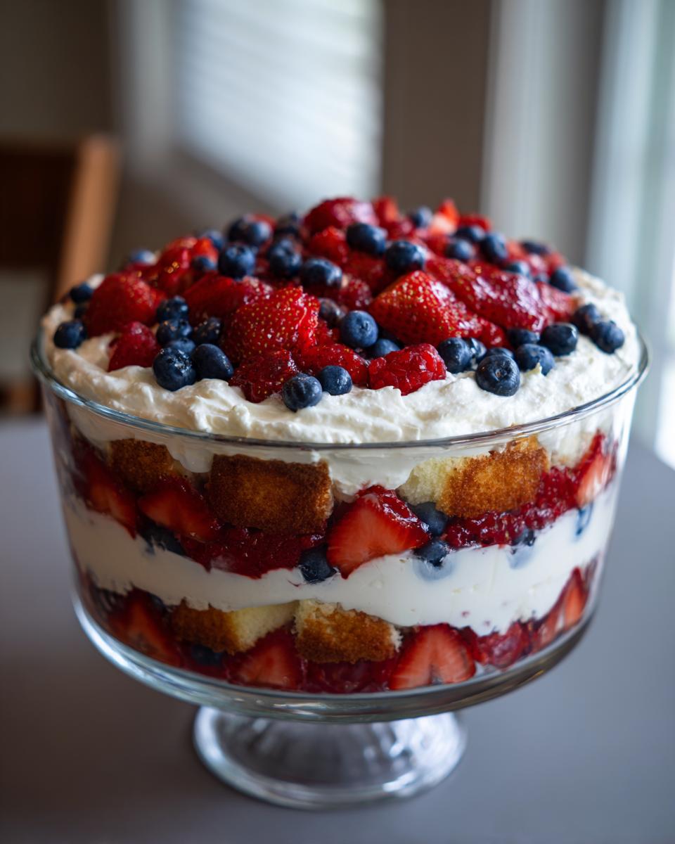 A festive Fourth of July dessert featuring a berry trifle with layers of cake, cream, strawberries, and blueberries.