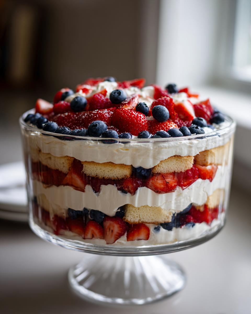 A beautiful Fourth of July dessert featuring a berry trifle with layers of cake, cream, strawberries, and blueberries.