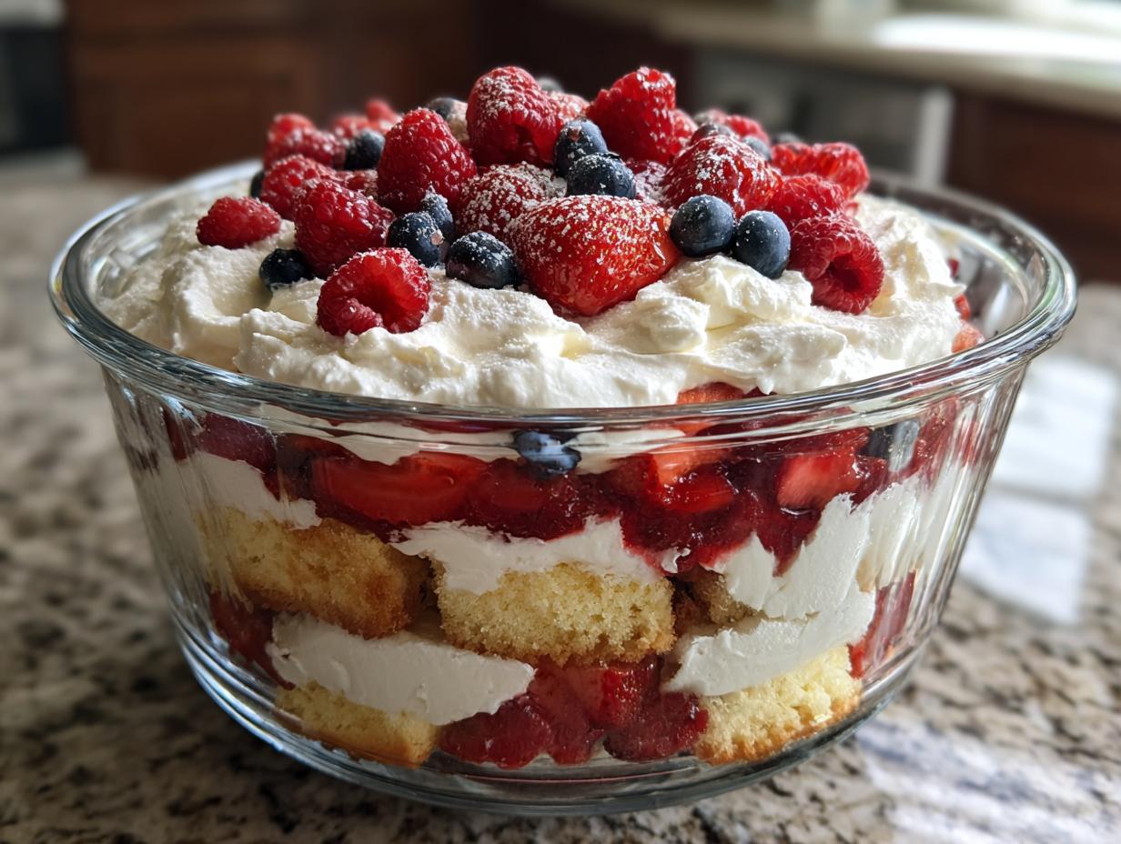 A beautiful Fourth of July dessert featuring a berry trifle with layers of cake, cream, strawberries, and blueberries.