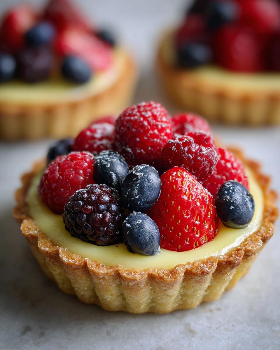 Close-up of a mini tartlet filled with cream and topped with fresh raspberries, blueberries, and strawberries, perfect for Fourth of July desserts.