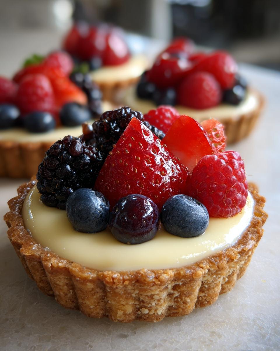Close-up of a mini tartlet filled with cream and topped with fresh strawberries, blueberries, raspberries, and blackberries for Fourth of July desserts.