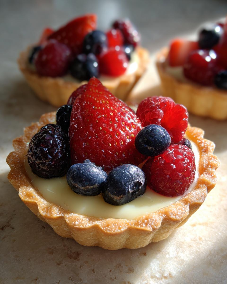 Close-up of a mini tartlet filled with cream and topped with fresh berries, perfect for Fourth of July Desserts.