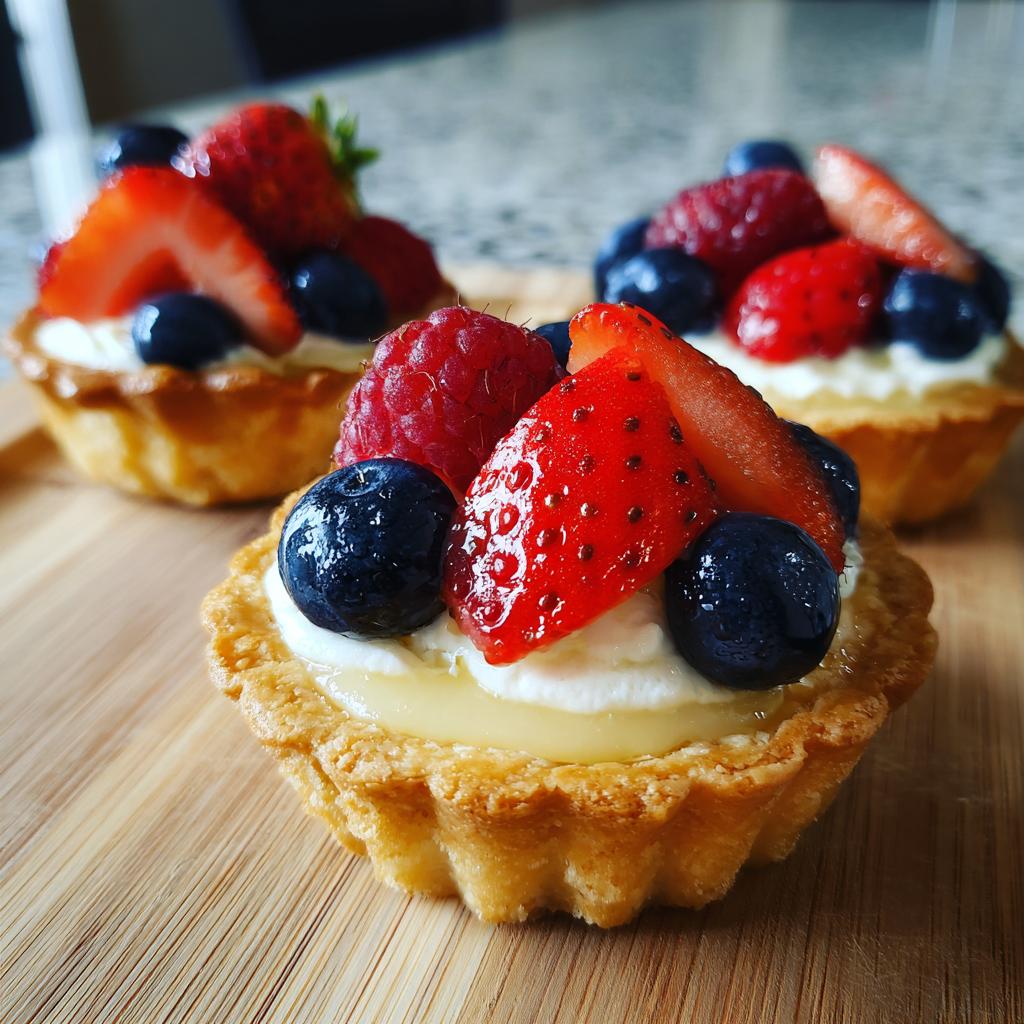Close-up of Fourth of July desserts for mini tartlets topped with cream, strawberries, blueberries, and raspberries.