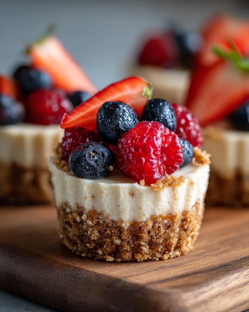 Close-up of a no-bake cheesecake cup topped with fresh strawberries, blueberries, and raspberries, perfect for Fourth of July desserts.