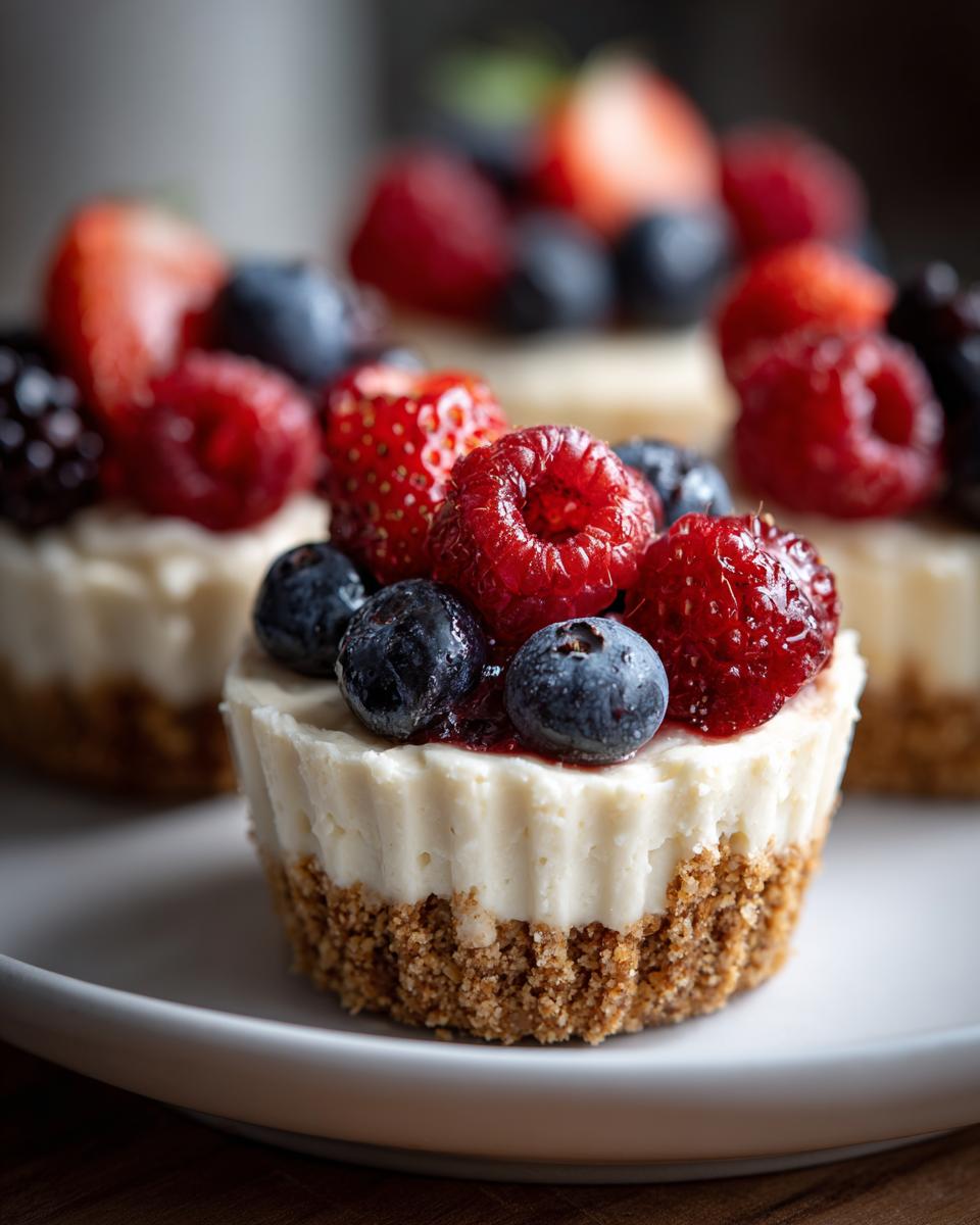 Close-up of no-bake cheesecake cups topped with fresh berries and jam, perfect for Fourth of July desserts.