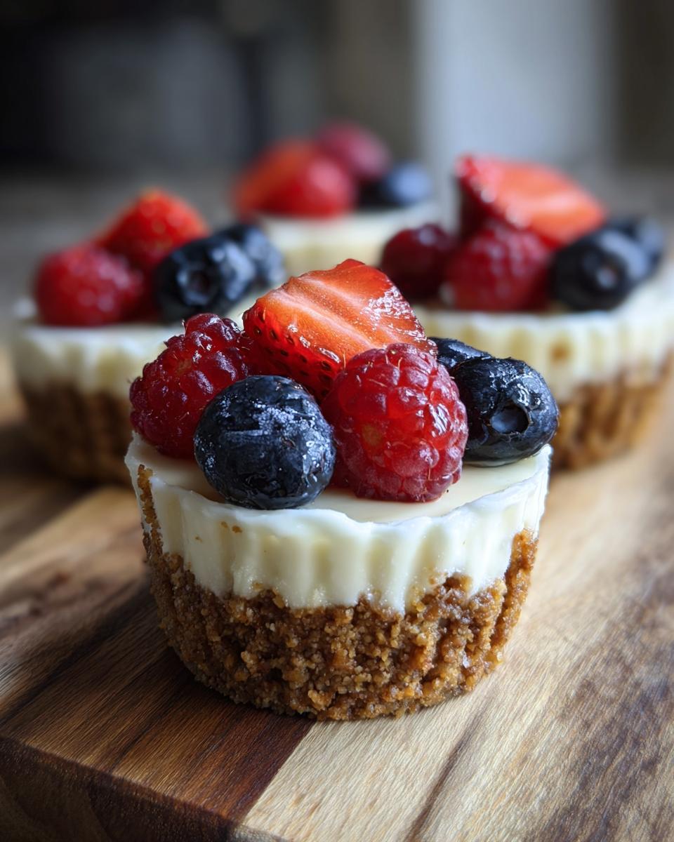 Close-up of no bake cheesecake cups topped with fresh strawberries, raspberries, and blueberries for Fourth of July parties.